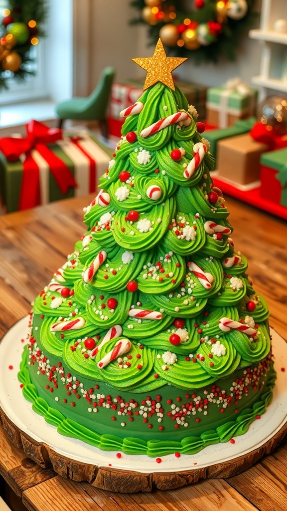 A festive Christmas tree cake decorated with green frosting, sprinkles, and candy canes, displayed on a wooden table.